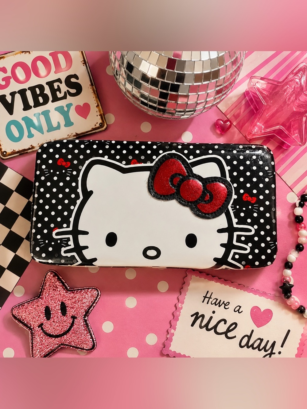 Sanrio Hello Kitty Vinyl Black White Polka Dot Wallet Red Bow Claireโs Exclusive